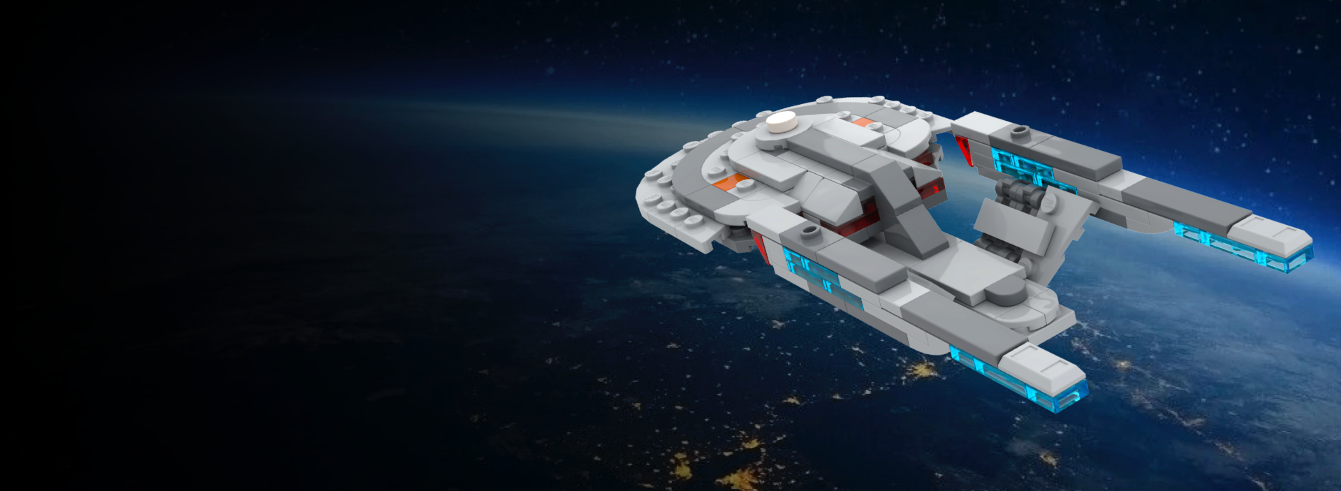 Micro-scale LEGO USS Titan-A starship in orbit